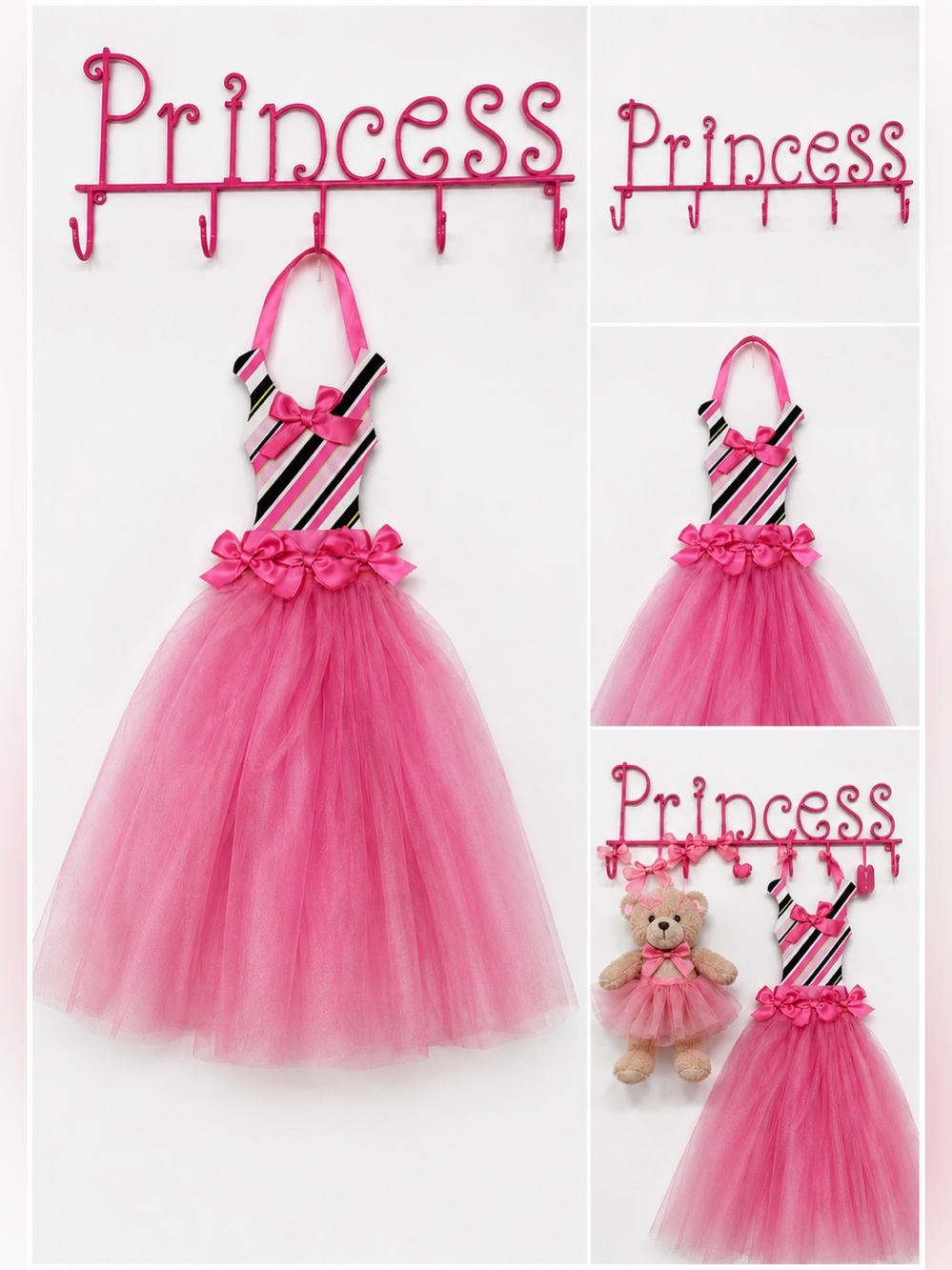 Princess Wall Hook Rack & Tutu Hair Bow Holder Organizer Set Pink Girls Decor